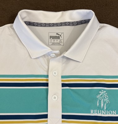 PUMA Mens White Blue Reunion Orlando Montauk Performance Golf Polo Shirt Medium