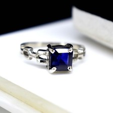 925 Sterling Silver 7X6 MM Royal Blue Sapphire Solid Engagement Ring US 6.5