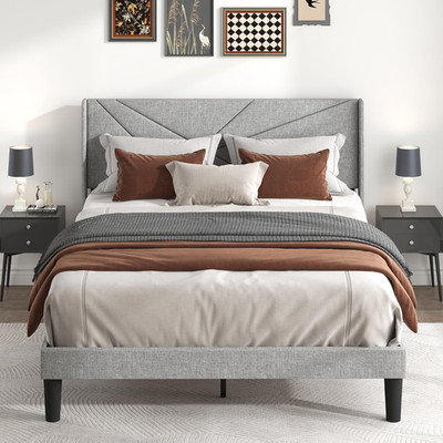 Queen Size Bed Frame with Upholstered Wingback Headboard, Easy Assemnly Platform
