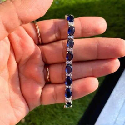 10Ct Oval Simulated  Blue Sapphire Tennis Bracelet 14K White Gold Plated Silver