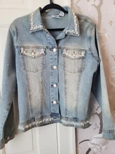 Diane Gilman DG2 Pearl Sequin Beaded Blue Denim Jean Jacket Sz L Womens Mint!