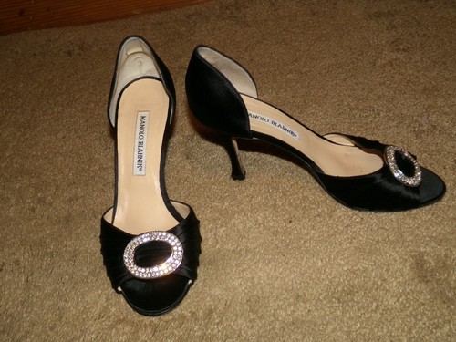Manolo Blahnik Black Satin Fabric and Rhinestone Open Toe Heels Size 5 1/2