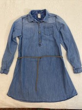 Girls Oshkosh Denim Dress Sz 14 Chambray Belt A-line Long Sleeve