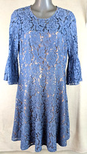 Eliza J sz 6 Dress Fit & Flare lace overlay blue & beige 3/4 flare sleeves 0610