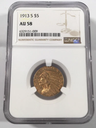 1913-S $5 INDIAN HEAD HALF EAGLE GOLD COIN NGC CERTIFIED AU58 4XXXA25