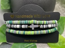 3 PC Set Heishi 7  Plus Stretch Bracelet Polymer Clay Beads Cross B3493
