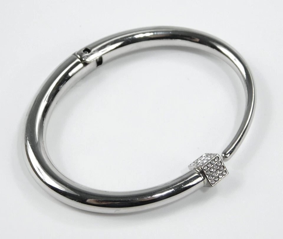 Vita Fede Italy M Silver Tone Square Rhinestone Titan Hing Bangle Bracelet 6.5" - Image 2 of 4