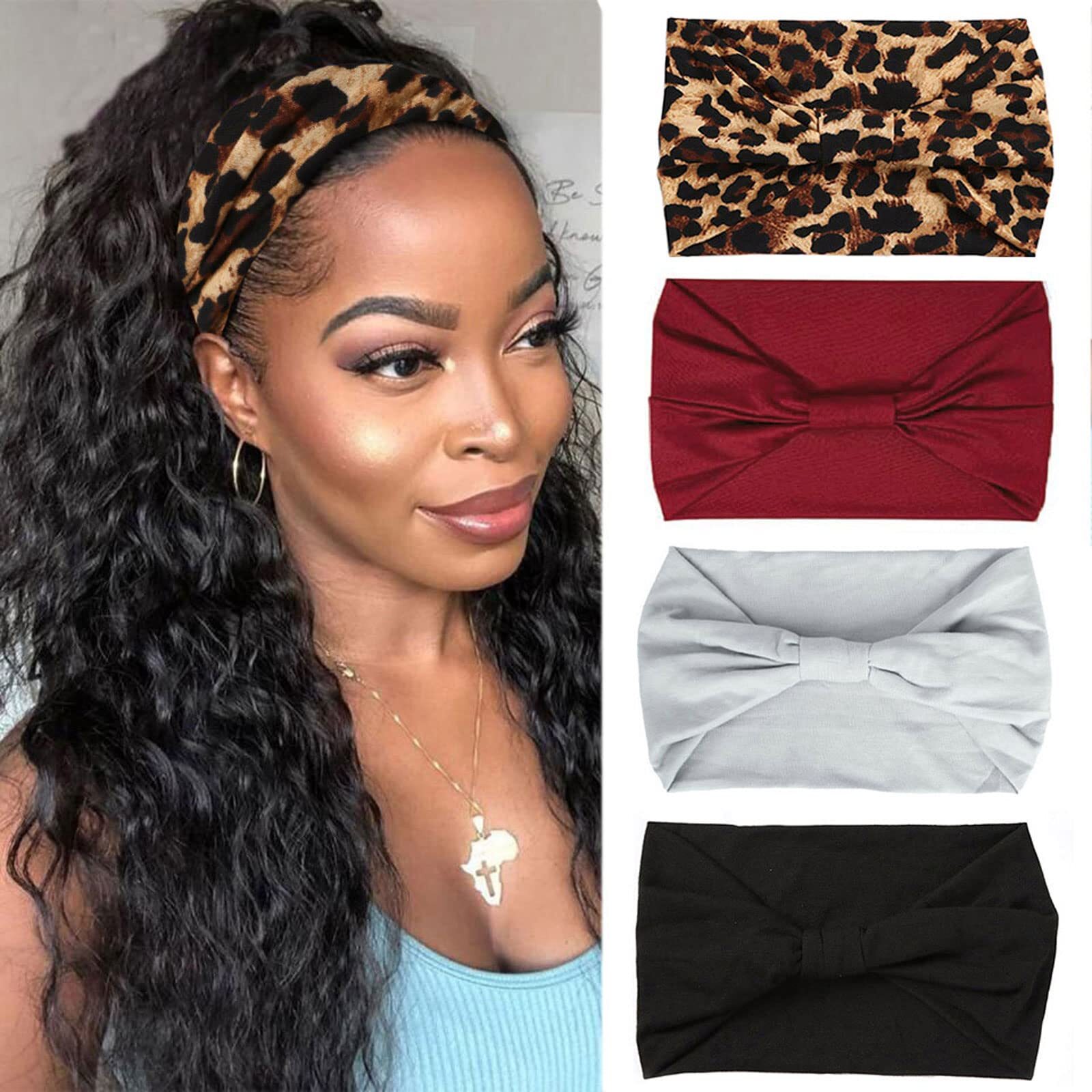 XTREND 4-Pack Bohemian Knotted Elastic Headbands Wide Fashion Headscarf  