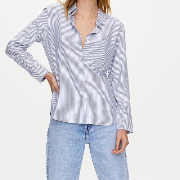 ARITZIA SUNDAY BEST Blue White Striped Blouse Women's Size S