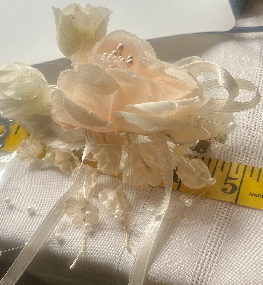 White Peach Silk Rose Flower Barrette Clip Beads Ribbon Bridal Party Prom Easter - Image 4 of 4
