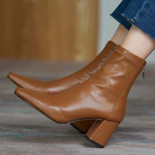 Women's Boots French High Block Heels Zipper Ladies Ankle Boots Short Shoes Size - Picture 2 of 18