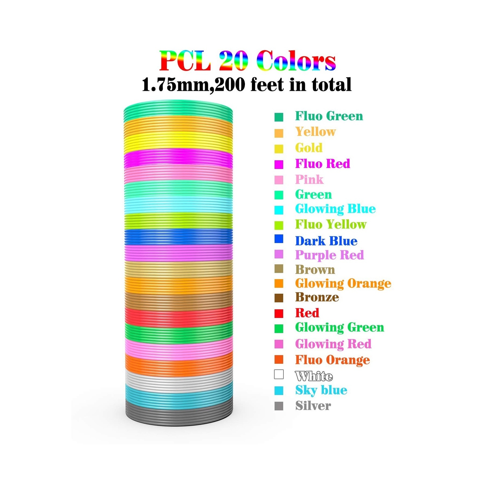 3D Printing Pen PCL Filament Refills 1.75mm, Pack of 20 Colors, Low Melting T...