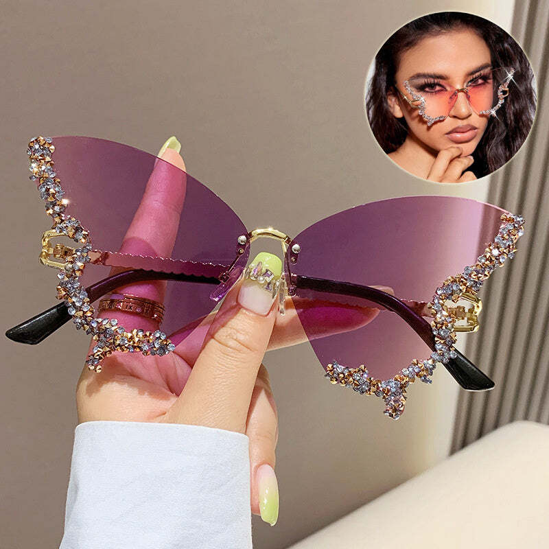 Luxury Diamond Butterfly Sunglasses Women Brand Y2K Vintage Rimless Oversized Su