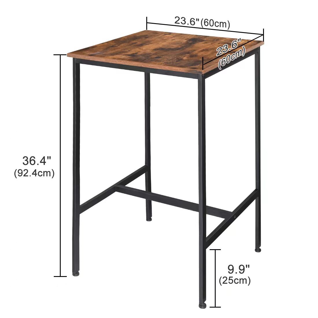 60x60cm Bar Table Metal Square Dining Table Coffee Table w/Brown Wooden