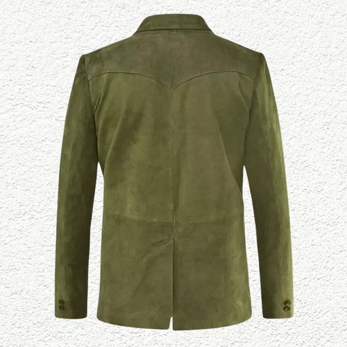 Brand New Mens Sheepskin Green Suede Leather Blazer Coat Soft TWO BUTTON Jacket - Picture 2 of 3