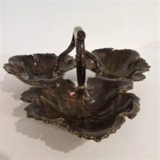 Dark Green and Brown Leaves Tri-tray with Handle Ceramic Decorative
