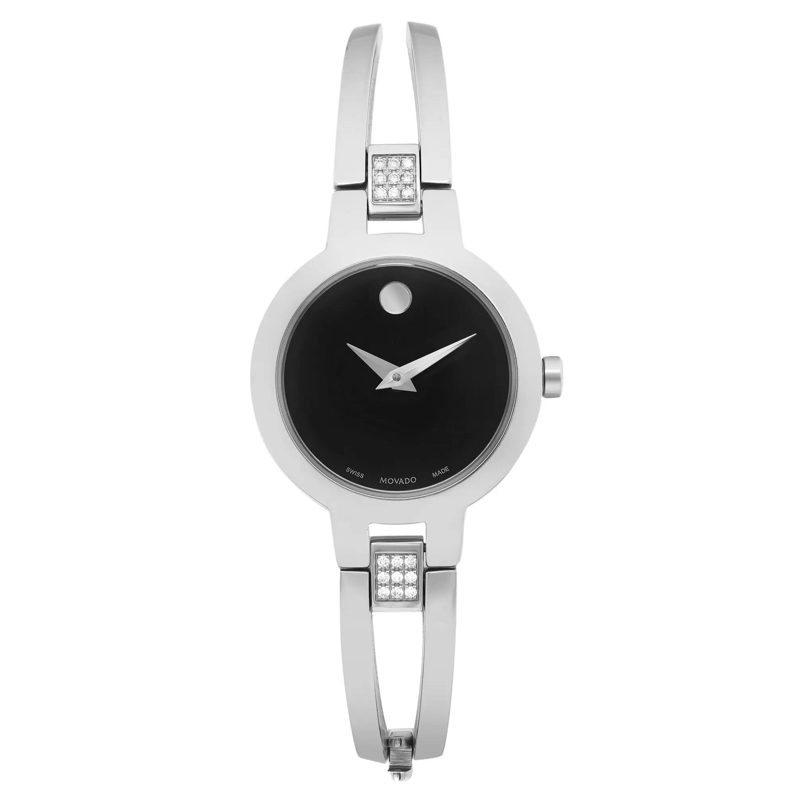 Movado Amorosa 24mm Steel Black Dial Quartz Ladies Bangle Watch 0607154
