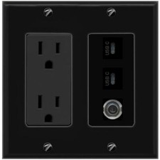 3 Ports 3-5MM 2 USBC Black Wall Plate with 15A Power Outlet