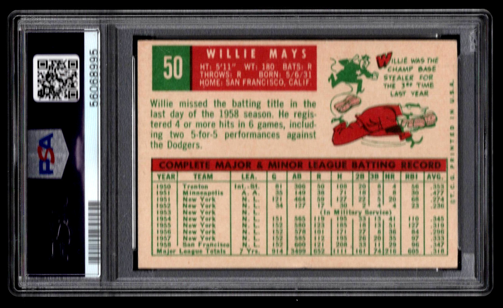 WILLIE MAYS 1959 TOPPS BASEBALL CARD #50 PSA 5 EX CENTERED HOF GIANTS NICE view 2