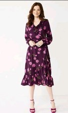 Draper James RSVP S Purple Pink Floral Midi Wrap Dress Long Sleeve V-Neck Ruffle