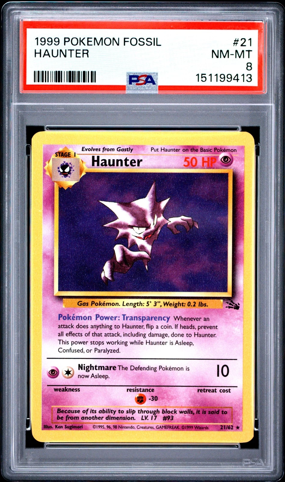 1999 POKEMON FOSSIL #21 HAUNTER PSA 8