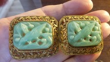 Antique Vtg Czech Belt Buckle Scarf Slide Molded glass Green Birds Leaf Garland