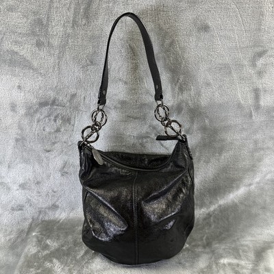 Jill Stuart Shoulder Hobo Bag Purse Black Lamb Leather Metallic Finish