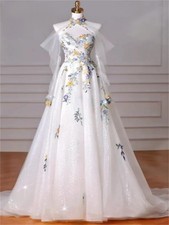 White Halter Neck Wedding Dress Tulle Halter Neck Lace-Up Court Train Bride Gown