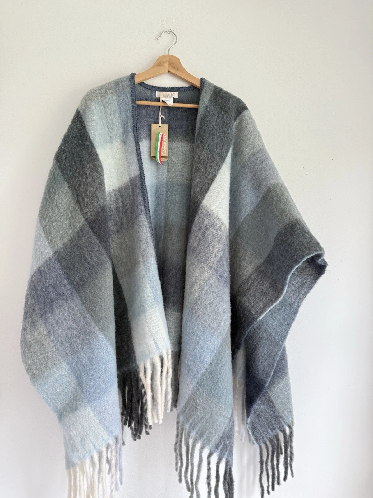 ✿ Cristina Chiti Made in Italy Wool Blend Plaid Fringe Poncho Wrap Shawl Blue