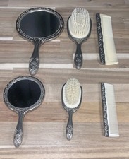 1950s Victorian 6-Piece Silver Plated Floral Raised Hair Brush Mirror Comb Set