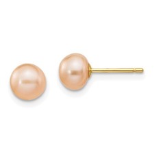 14k Yellow Gold 6-7mm Pink Button Freshwater Cultured Pearl Button Stud Earrings