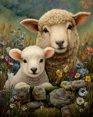 8x10 Cozy Storybook Two Sheep Art Print Classic Illustration - 209735906