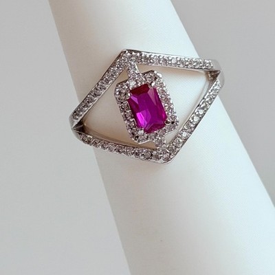 Bomb Party July Ring Sz 8 ''Most Iconic'' Lab Created Ruby on Rhodium RETRO