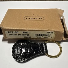 Coach FS7100 Leather Key Fob Key Ring, Black/Gold Metal, Men's