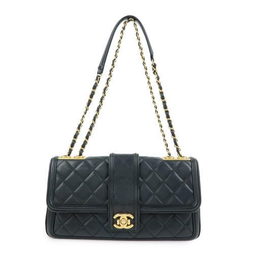 CHANEL Matelasse Lamb Skin Double Chain Single Flap Shoulder Bag Auth Used F/S