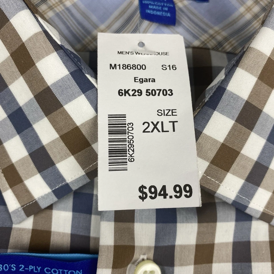 Camisa de vestir EGARA para hombre 2XLT azul/marrón a cuadros sin planchar ¡Nueva con etiquetas! Foto 4 de 4