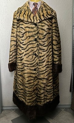 Vintage 60er Jahre Damen Beige Leopardenmuster Wolle Echt Pelz Mantel EU 42