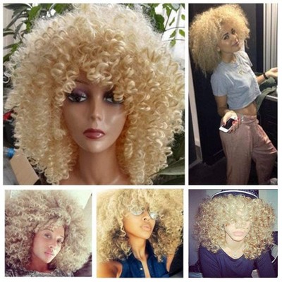 Blonde Curly Wig Afro Kinky Curly Wigs with Bangs Medium Length Kinkys Curly ...