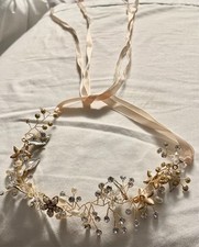 Beaded and rhinestone head piece for wedding/flower girl gold  silver w ribbons