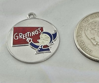 Vintage Enamel Pixie Elf Holding GREETINGS Sign Christmas Bracelet Charm Pendant