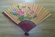 Large Vintage Asian Folding Fan Hand Painted Birds & Landscape Art Display 54" +