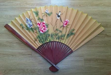 Large Vintage Asian Folding Fan Hand Painted Birds & Landscape Art Display 54" +
