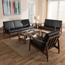 Baxton Studio Venza Mid-Century Modern Walnut Wood Black Faux Leather 3-Piece Li