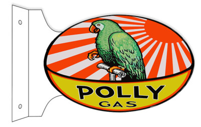 POLLY GASOLINE GREEN PARROT 18'' HEAVY DUTY USA METAL DOUBLE SIDED GAS ADV SIGN