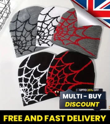 SPIDER WEB | Men Women Unisex Black White Ribbed Knit Beanie Hat | One Size