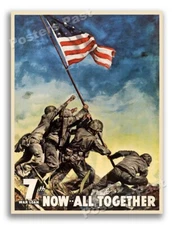 1945 “Now . . . All Together” Vintage Style WW2 Iwo Jima Poster - 20x28