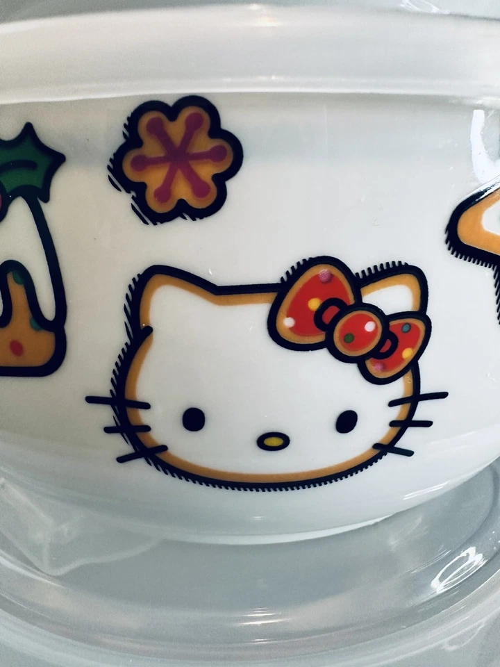 Hello Kitty Tema Navidad Contenedor de Alimentos Cerámica y Plástico Tapa Juego de 3 - NUEVO Foto 3 de 4