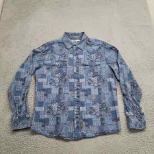Wrangler Shirt Mens Large Blue Retro Premium Linen Blend Pearl Snaps Paisley