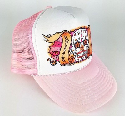 pink and white snapback hat