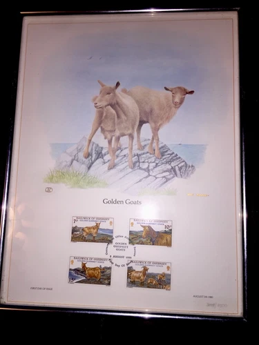 GOATS Stamp 1st Day LITHO Print Frame LTD Ed England GUERNSEY TENNEY Man Cave